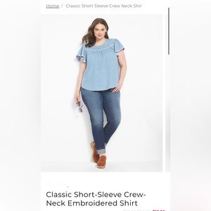 NWT Lane Bryant Chambray Classic Short-Sleeve Crew-Neck Embroidered Shirt